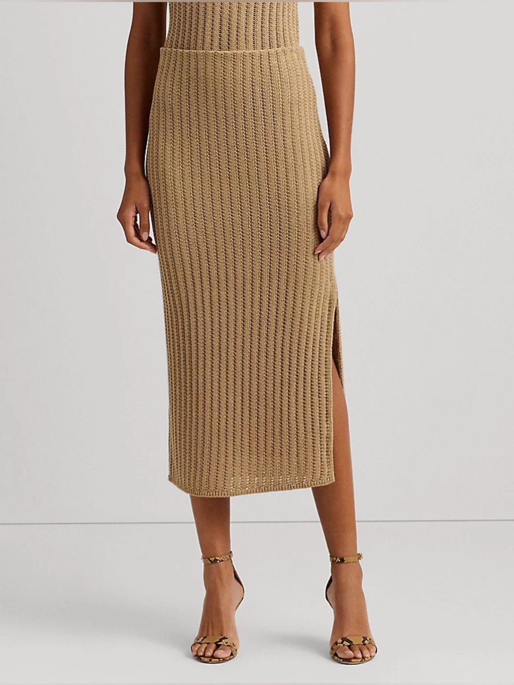 Lauren Ralph Lauren 100% Linen Knit Midi Skirt XS Beige Side Slit⁠